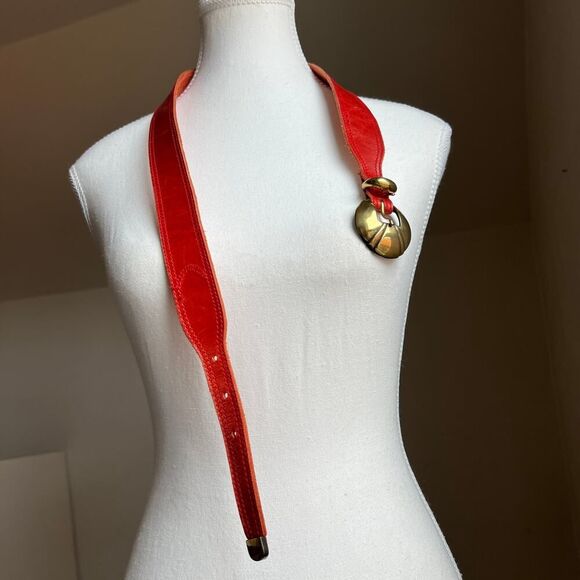 Vintage red leather statement waist belt gold buckle art deco - Picture 7 of 8